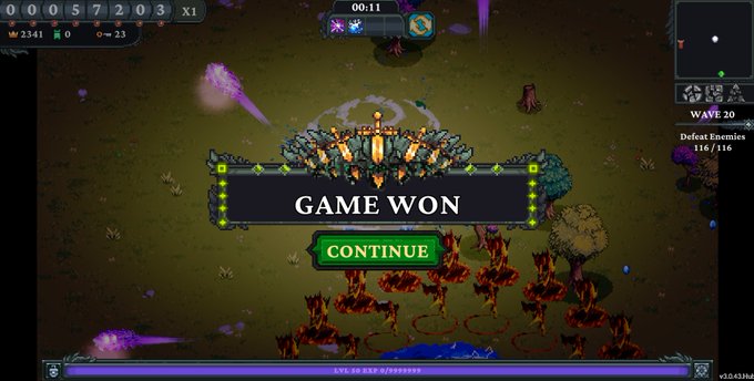 A player celebrates a "GAME WON" victory in Wave 20 after defeating all 116 enemies in the Tower Defense game Tollan Universe, with the post highlighting their successful first run on the game's new patch.