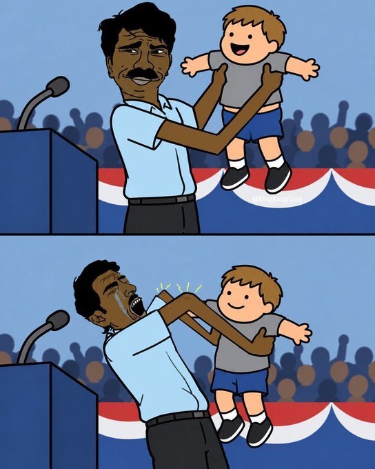 A two-panel cartoon showing a political figure lifting a happy child, then crying while the child appears to assault him, set against a patriotic rally backdrop.