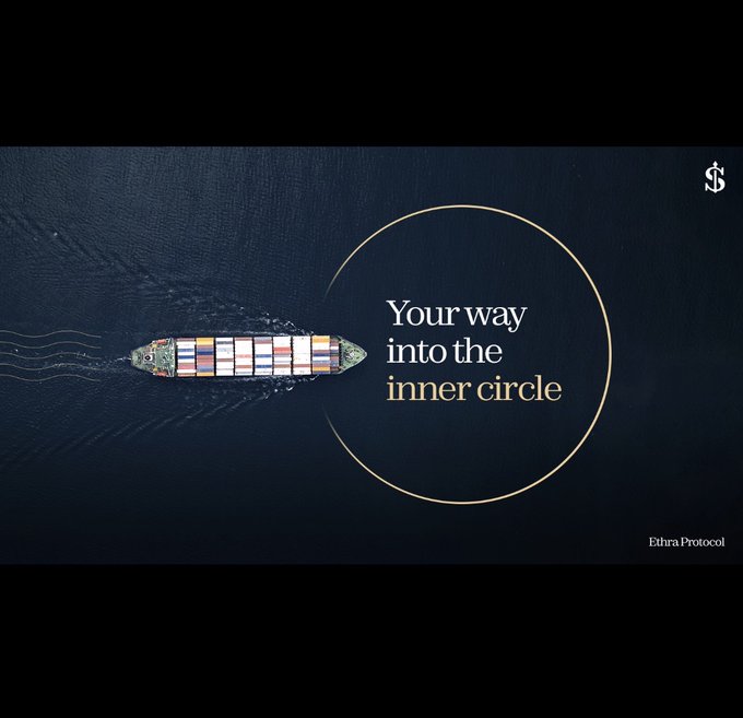 An aerial view of a container ship sails through dark ocean waters alongside a golden circular emblem framing the text "Your way into the inner circle," with "Ethra Protocol" branding in the bottom right corner. The image visually reinforces the post's announcement of Ethra Protocol onboarding its first dry bulk vessels, symbolizing the entry into real maritime infrastructure backed by genuine cash-flow-generating assets rather than synthetic wrappers.
