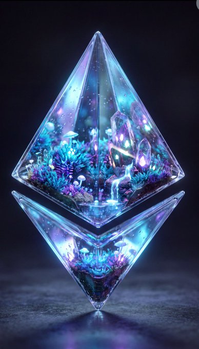 A digital artwork of a glowing, transparent Ethereum-shaped crystal containing a miniature fantasy landscape with deer, glowing mushrooms, and purple coral, mirrored below against a dark background.