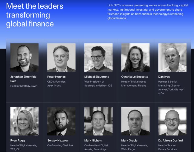 The image showcases "Meet the leaders transforming global finance," featuring headshots and titles of ten speakers—including Jonathan Ehrenfeld (Solé), Peter Hughes (Apex Group), Michael Blaugrund (ICE), Cynthia Lo Bessette (Fidelity), Dan Ives (Yorkville Ives & Co), Ryan Rugg (TTS Citi), Sergey Nazarov (Chainlink), Mark Nichols (Broadridge), Mark Gracia (Wells Fargo), and Dr. Alireza Dorfard (Data + Services)—who are participating in Link:NYC, a panel discussion at Ripple's SWELL conference in NYC through October 29th exploring how onchain technologies are reshaping global finance.