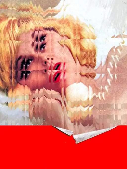 The image features a woman with blonde hair, wearing red lipstick, and looking at the camera. She appears to be lying down or reclining against a background that includes a red border and white text. The image also contains the words "I'M ON THE F*€n PHONE! ART ON BIPOCRACY". This post seems to be related to Bitcoin art, as indicated by the use of the phrase "I'm on the F*€n Phone!"