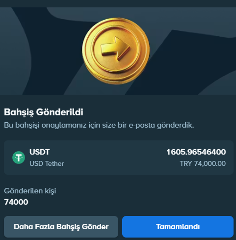 The image shows a screenshot of an online wallet or payment system displaying two transactions for an account named "Bahsis Ghandlerdi". The first transaction involved tipping 74,000 TL (1605 USDT) to someone with the name "74000" on one side and the transaction details were in Turkish. On the other hand, a new tip of around 70,000 TL (1750 USDT) was suggested by another user who had the username "Dahfa Faz Başis Ghandlerdi".