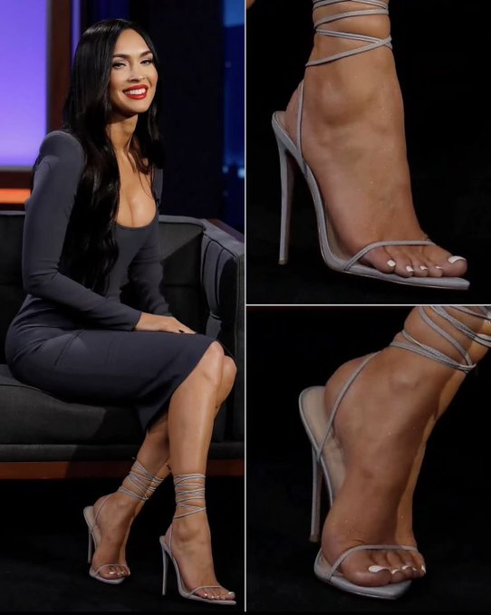 Megan Fox sits on a talk show set wearing a grey dress and strappy high-heeled sandals, with two close-up photos highlighting the shoes and her feet.