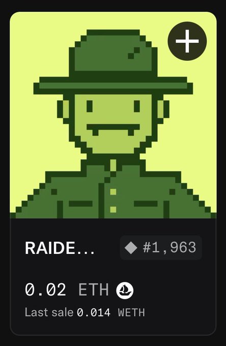 A pixel art NFT titled 'RAIDE...' showing a green-hatted soldier character, priced at 0.02 ETH with a last sale of 0.014 WETH and ranked #1,963.