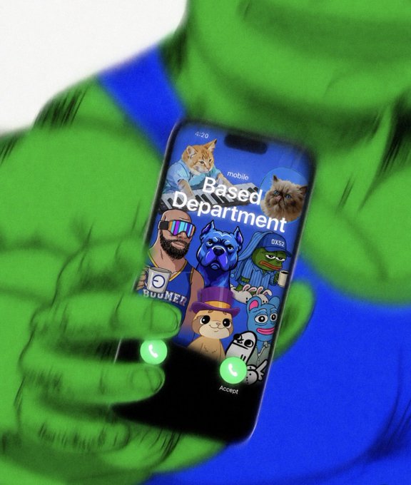 A green furry character holds a smartphone displaying an incoming call from "mobile Based Department," featuring a colorful collage of meme characters including a cat, dog in a blue cap, and others, with green "Accept" call buttons visible.