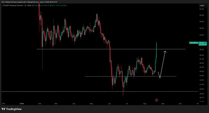 A TradingView chart of LTCUSD Perpetual Contract (1D, Bybit) showing the price action climbing toward the $50 target level, with the current price tagged at $48.81 and an arrow indicating further upward momentum following the post's update that the $50 target was hit.