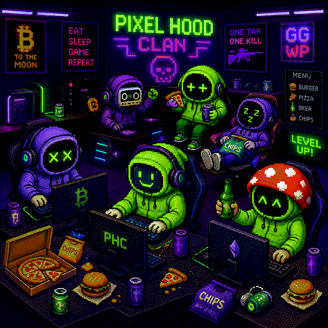 Pixel art illustration of hooded figures gaming at computers in a 'PIXEL HOOD CLAN' with neon text like 'EAT SLEEP GAME REPEAT', 'TO THE MOON', 'ONE TAP ONE KILL', and 'GG WP', surrounded by snacks.