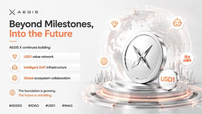 A promotional graphic for 'AEGIS X' with the headline 'Beyond Milestones, Into the Future,' listing features like USD1 value network alongside a 3D coin and globe.
