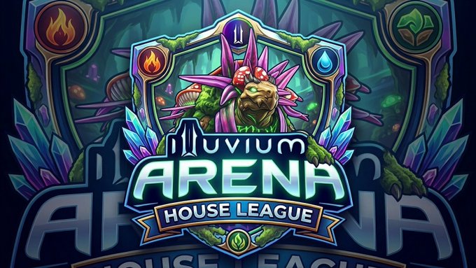 A vibrant game logo for 'Illuvium ARENA: HOUSE LEAGUE' featuring a fantasy creature emblem surrounded by elemental crystals and a moss-covered shield.