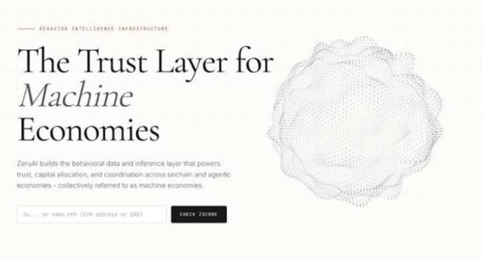 A webpage for ZeraAI titled 'The Trust Layer for Machine Economies' featuring a dotted sphere graphic and a search bar.