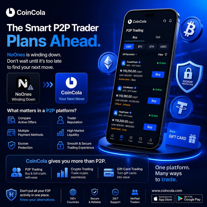 An advertisement for CoinCola, a P2P crypto trading platform, noting 'NoOnes is winding down' and highlighting features like escrow protection and high market liquidity, with a phone mockup showing Bitcoin, Ethereum, Tether, and USDT listings.