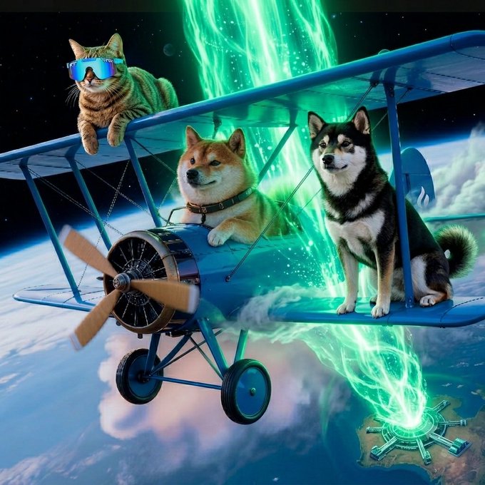 The image features a cat wearing blue sunglasses, a Shiba Inu, and a Shiba-typed dog perched on a vintage blue biplane soaring above Earth, with a vibrant green aurora-like energy beam connecting them to a glowing structure below—symbolizing the "green candles" and triumphant rise referenced in the post about $MANYU.