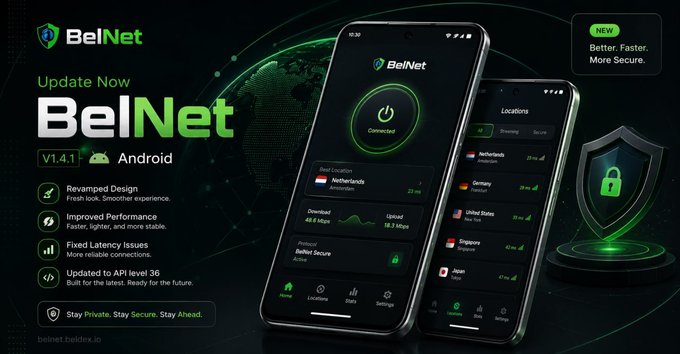 A promotional graphic for the BelNet VPN app version 1.4.1 for Android, highlighting 'Better. Faster. More Secure.' and updates like 'Revamped Design', 'Improved Performance', and 'Fixed Latency Issues'. Two smartphones display the app's 'Connected' screen with Netherlands server locations.