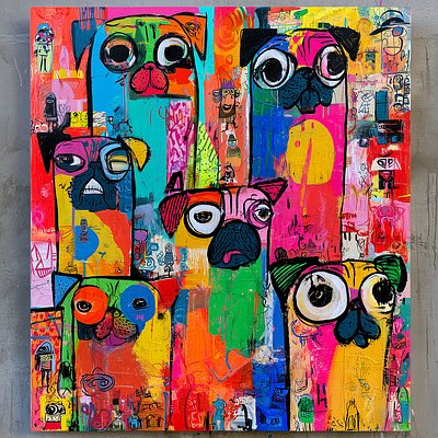 A vibrant, colorful painting featuring multiple pug-like faces with large eyes in bright pinks, yellows, and blues.