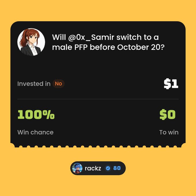 Screenshot of a prediction market bet asking 'Will @0x_Samir switch to a male PFP before October 20?' with $1 invested in 'No' showing 100% win chance, by user rackz.