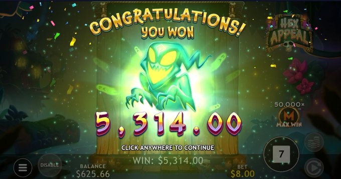 A colorful slot game screenshot from "Hugo X Appeal" by Massive Studios shows a "CONGRATULATIONS! YOU WON" screen with a win of $5,314.00 (50,000x max win), displayed alongside Roobet branding with a $625.66 balance and $8.00 bet, promoting the creator's leaderboard and VIP transfer offer on the platform.
