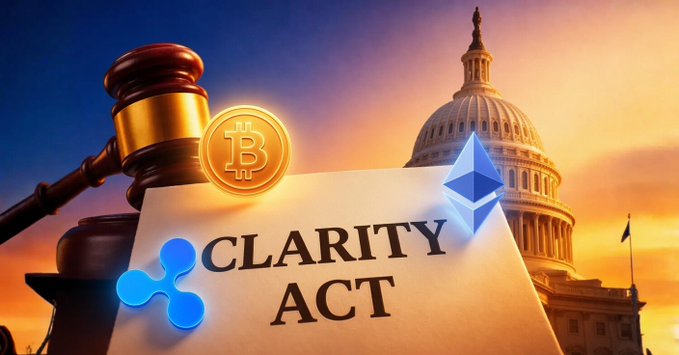 A graphic depicting the 'CLARITY ACT' alongside Bitcoin, Ethereum, and Ripple logos, a judge's gavel, and the U.S. Capitol building at sunset.