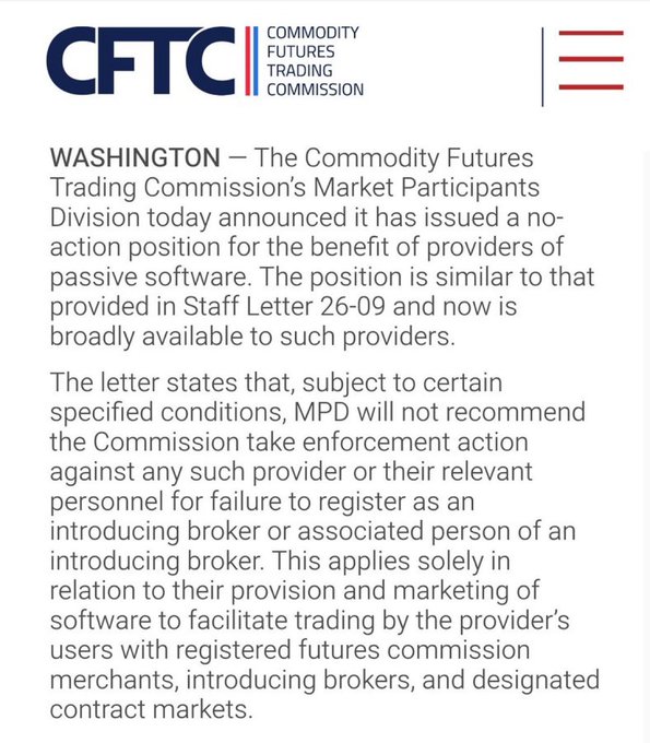 A CFTC (Commodity Futures Trading Commission) announcement from Washington stating they issued a no-action position for providers of passive software, similar to Staff Letter 26-09, regarding registration as an introducing broker.