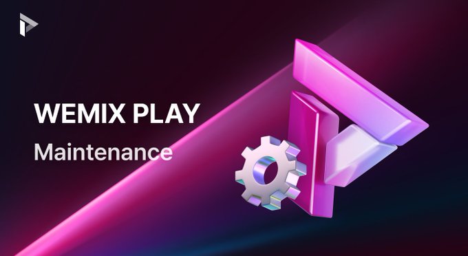 A maintenance notice graphic for 'WEMIX PLAY' featuring a pink and purple logo with a gear icon on a dark background.
