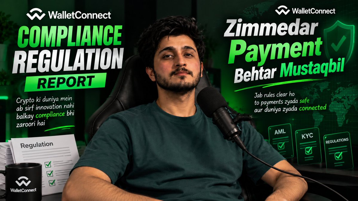 A young man sits in front of a microphone with WalletConnect branding, surrounded by text promoting a 'Compliance Regulation Report' and 'Zimmedar Payment Behtar Mustaqbil' (responsible payments, better future) in a mix of English and Urdu.