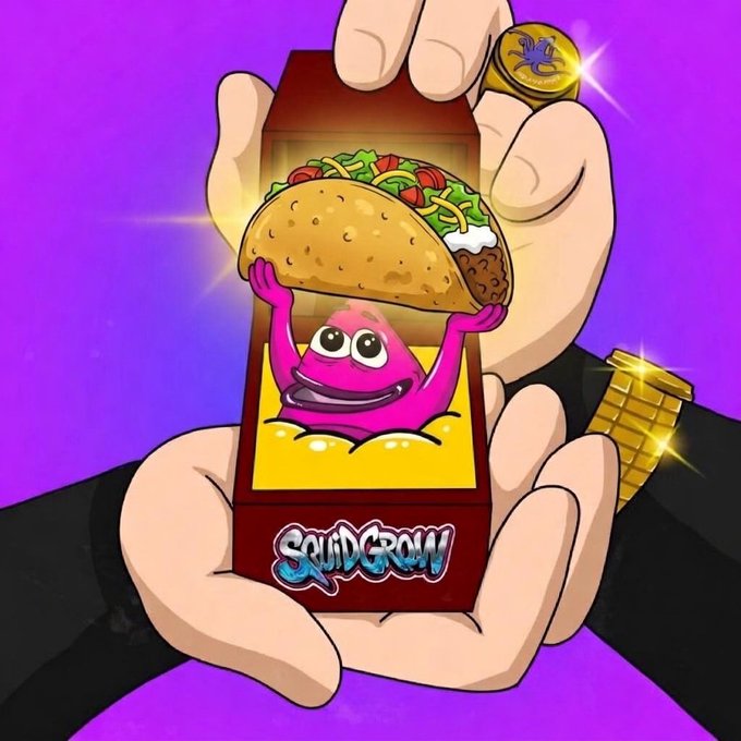 A cartoon illustration of hands holding an open 'SquidGrow' branded box containing a pink character holding up a taco, set against a purple background with a gold chain and ring visible.
