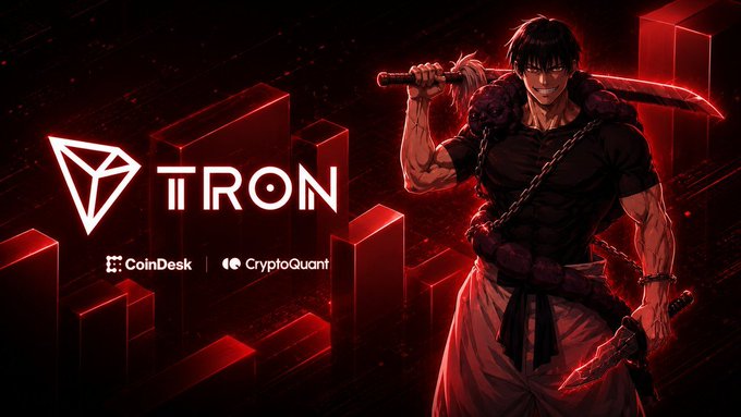 A promotional banner featuring the 'TRON' logo with CoinDesk and CryptoQuant branding, alongside an anime-style warrior character with a sword against a red digital background.