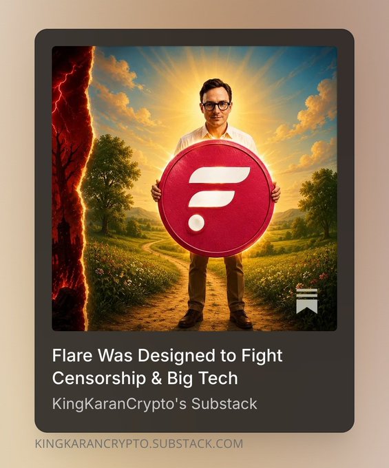 The image shows a man with glasses standing in a vibrant landscape, holding a large red Flare (FLR) logo, with a dramatic glowing red portal or rift on the left side of the scene. Text on the graphic reads "Flare Was Designed to Fight Censorship & Big Tech" and "KingKaranCrypto's Substack," reinforcing the post's theme of Flare Networks being a freedom-focused blockchain built to resist centralized control.