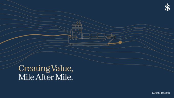 Dark blue minimalist graphic for 'Ethra Protocol' featuring a stylized line-art illustration of a cargo ship and the tagline 'Creating Value, Mile After Mile.'