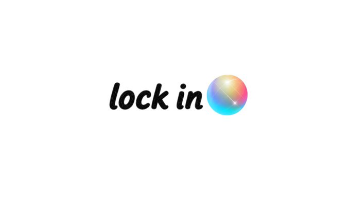 A simple white background displaying the text 'lock in' in black lowercase letters next to a colorful, iridescent sphere.