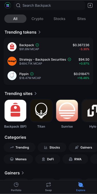 A screenshot of a crypto app's Explore tab showing trending tokens including Backpack ($0.367236, -3.30%), Strategy - Backpack Securities ($94.50, +0.97%), and Pippin ($0.018471, +16.48%), along with trending sites like Backpack (BP), Titan, and Sunrise.