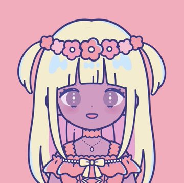 An anime-style illustration of a girl with long blonde hair wearing a flower crown and a pink dress against a pink background.