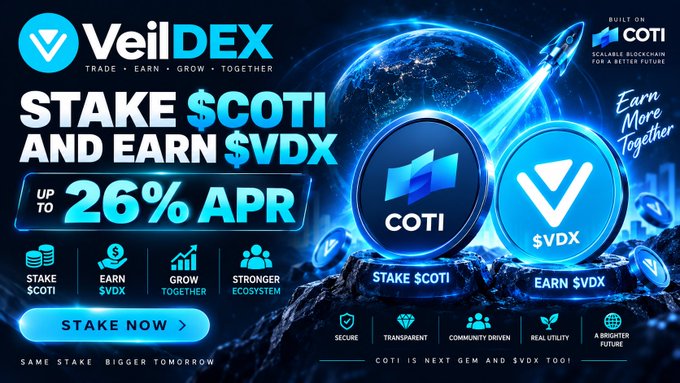 An advertisement banner for VeilDEX promoting 'STAKE $COTI AND EARN $VDX' with up to 26% APR, built on the COTI blockchain.