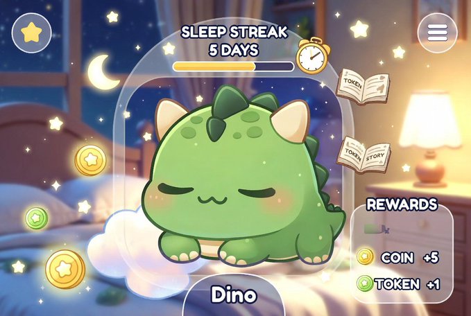 The image features a cartoon green dinosaur sitting on a bed with a clock above its head displaying "5 days" of sleep, as well as an app icon below the dinosaur's head. The text at the bottom of the image reads "Goodnight homies Raising my @sleepagotchi Dino actually makes me look forward to waking up consistent", which seems to be a reference to the cartoon character from the game "Dino".