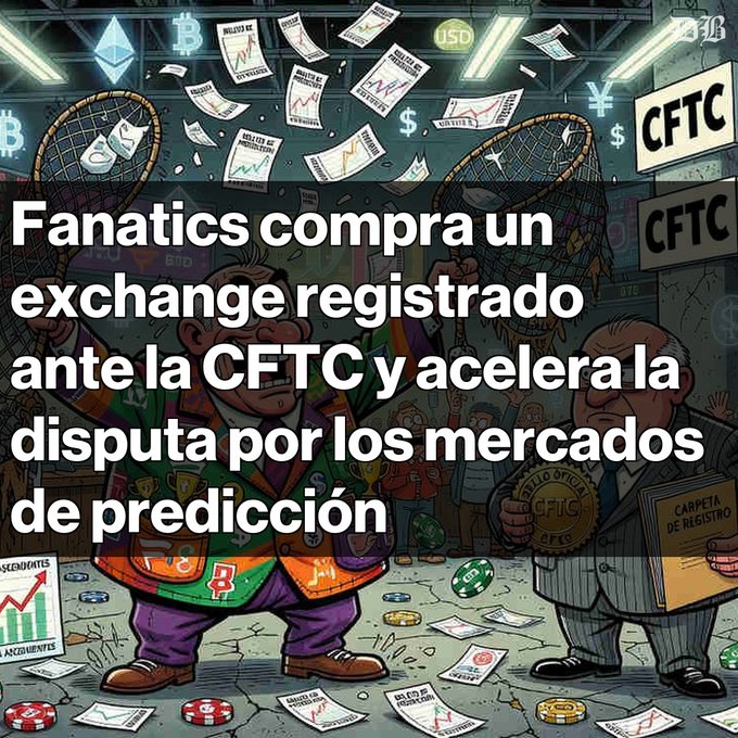The image is a cartoon-style illustration showing two characters in suits surrounded by falling financial documents, charts, and cryptocurrency symbols (Bitcoin, Ethereum), with one holding a net and the other holding papers labeled "CFTC" and "Carpeta de Registro" (Registration Folder), amid scattered casino chips and trading papers.

**Caption:** A cartoon illustration depicts two suited figures amid falling financial charts, crypto symbols (BTC, ETH), and casino chips, with one holding a net and the other clutching a "CFTC" folder and "Carpeta de Registro" — visually capturing Fanatics' acquisition of a CFTC-registered exchange amid the intensifying battle over prediction markets.

**Relation to post:** The image's CFTC signage, registration folder, and chaotic mix of speculative trading elements (chips, charts, crypto logos) directly illustrate the post's announcement that Fanatics has purchased a CFTC-registered exchange, entering the contested prediction markets industry where regulatory status and speculative risk converge.