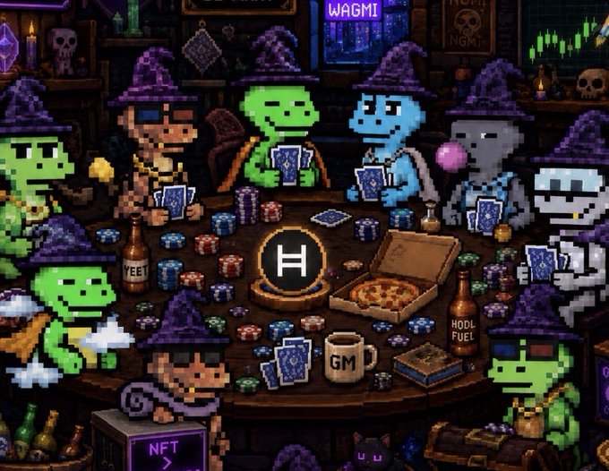 A pixel art scene depicting various cartoon characters (including green frogs and skeletons in purple witch hats) playing cards around a poker table with an 'H' logo in the center, surrounded by references like 'WAGMI', 'HODL FUEL', and 'GM'.