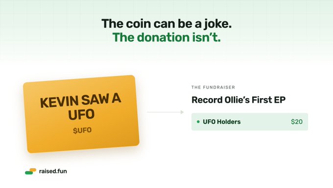 A fundraiser graphic with the text 'The coin can be a joke. The donation isn't.' showing a yellow card reading 'KEVIN SAW A UFO' / '$UFO' pointing to 'THE FUNDRAISER / Record Ollie's First EP' with 'UFO Holders $20', branded by 'raised.fun'.