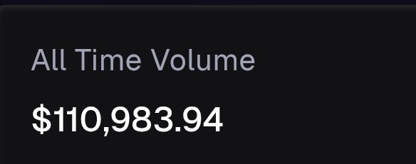 A dark interface panel displays the text 'All Time Volume' above a monetary value of '$110,983.94'.