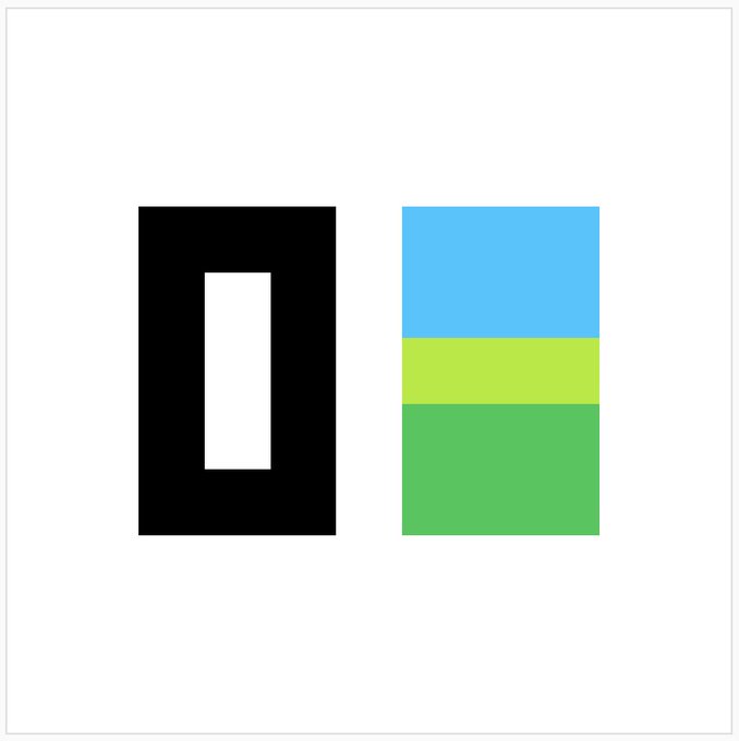 A minimalist graphic design on a white background showing a black rectangle with a white vertical rectangle inside, next to a stack of blue, lime green, and green rectangles.
