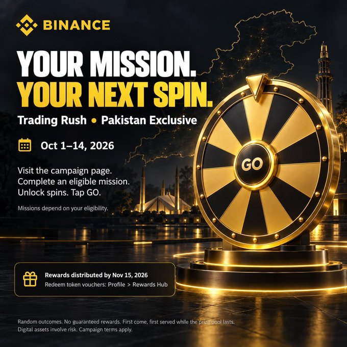 A Binance promotional banner for a 'Trading Rush' campaign in Pakistan, running Oct 1-14, 2026, featuring a golden 'GO' spin wheel and the text 'YOUR MISSION. YOUR NEXT SPIN.'