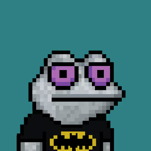 A pixel art illustration depicts a gray frog character with large purple eyes wearing a Batman-style shirt with a yellow logo against a teal background.