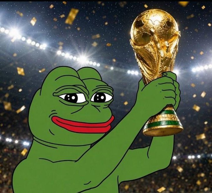 The image features a green cartoon frog, which appears to be a digital illustration or an animated character, holding a golden trophy with its hands. Above the frog's head, there are stars illuminating the scene, adding a touch of magic to the display. The caption below the frog reads, "PEPE TO $0.10? Let’S talk reality", which is a humorous response to the image featuring a cartoon frog holding a golden trophy. The message suggests that this is an inside joke or a reference to PEPE's recent actions.