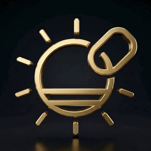The image features a 3D rendering of a golden sun with rays emanating from its center, surrounded by gold lines that give it an elegant appearance. The sun's rays are pointing towards a link icon, which is a circle containing a line through it, symbolizing a connection or relationship between two entities. The post in the image reads "Happy Thursday Legends @SolOnChain is building Let me know what you think it is?".