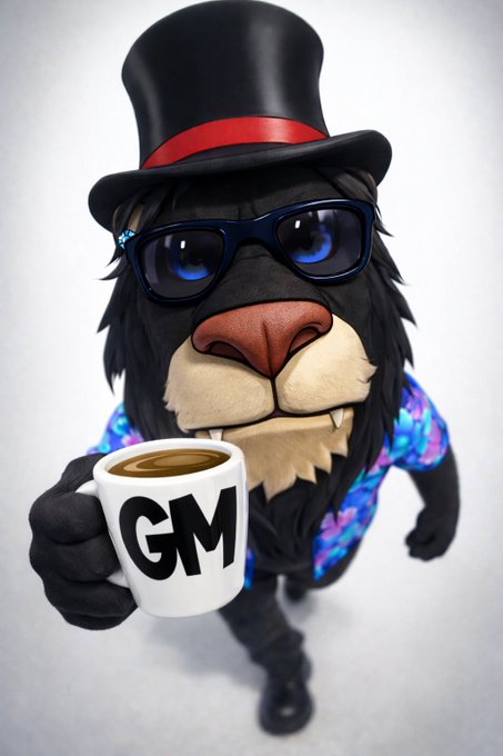 A 3D-rendered anthropomorphic lion character wears a black top hat with a red band, dark sunglasses, and a colorful sequined shirt. The character holds out a white mug with the letters 'GM' on it.