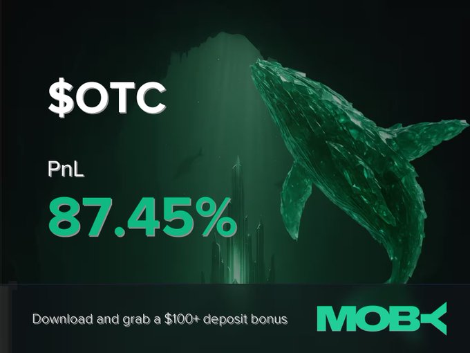 The image shows a Moby promotional graphic featuring a green whale underwater with $OTC ticker, a PnL of +87.45%, and a call-to-action offering a $100+ deposit bonus. The graphic visually celebrates the trader's winning position on $OTC, tying into the post's highlight of the +87.45% profit while promoting the Moby Mobile platform.
