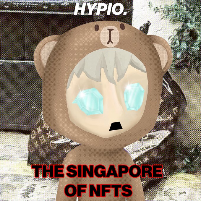 A promotional image featuring a 3D character in a brown bear hoodie with glowing blue diamond-shaped eyes, titled 'HYPIO. THE SINGAPORE OF NFTS' in bold text.