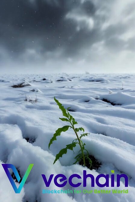The image features a small plant growing out of the snow with the text "VeChain" written above it. The background shows a snowy landscape under a cloudy sky, creating an interesting contrast between the natural elements and the digital world represented by the VeChain logo.