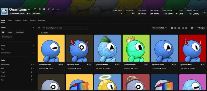 A screenshot of the Quantum NFT marketplace showing a collection of colorful 3D cartoon-style character avatars including ones with horns, a crown, and a halo, with listings showing 'Top offer' prices.