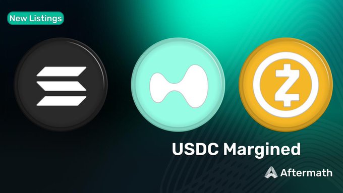 A promotional graphic showing three cryptocurrency coin icons (Solana, a teal coin, and Zcash) under a "New Listings" tag, labeled "USDC Margined" with the "Aftermath" logo.