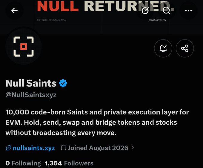 The image shows a Twitter/X profile for "Null Saints" (@NullSaintsxyz), a verified account with 1,364 followers, joined August 2026, describing itself as "10,000 code-born Saints and private execution layer for EVM" that enables users to hold, send, swap and bridge tokens without broadcasting transactions. The profile's bio and tagline "THE RIGHT TO REMAIN NULL" align with the post's description of NULL Protocol as a privacy-focused DeFi platform on Robinhood Chain that keeps user balances and transactions hidden.